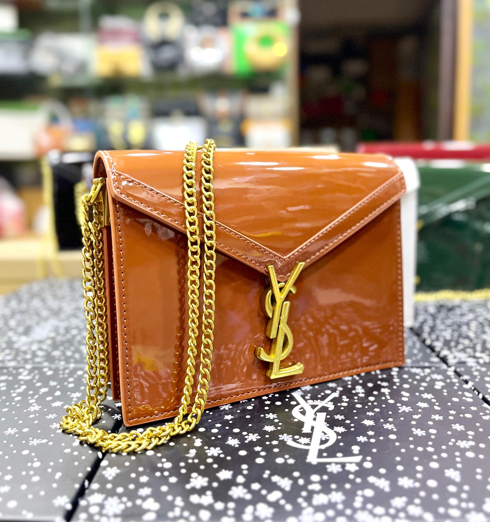 YSL Saint Laurent Cassandra Patent Leather Wallet on a Chain