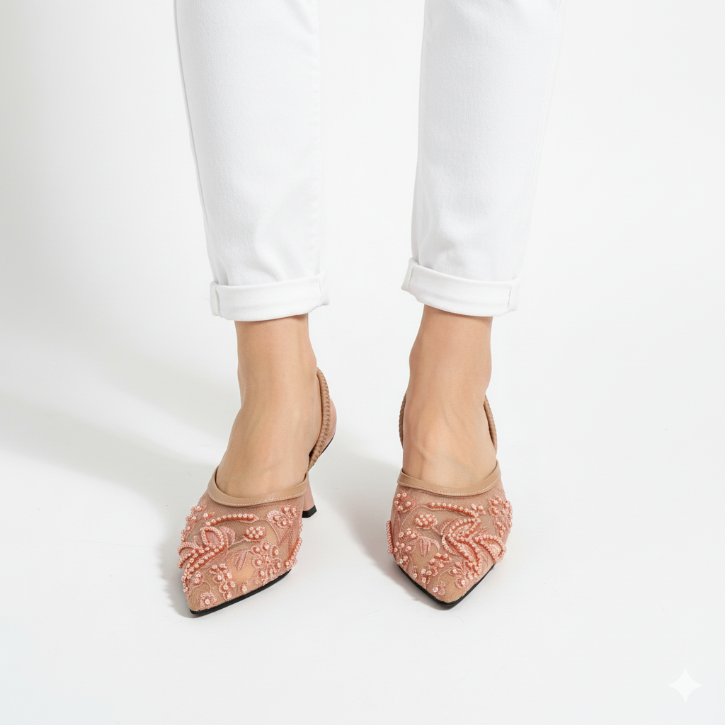 ZARA MESH FLORAL EMBROIDERED SLINGBACK HEEL