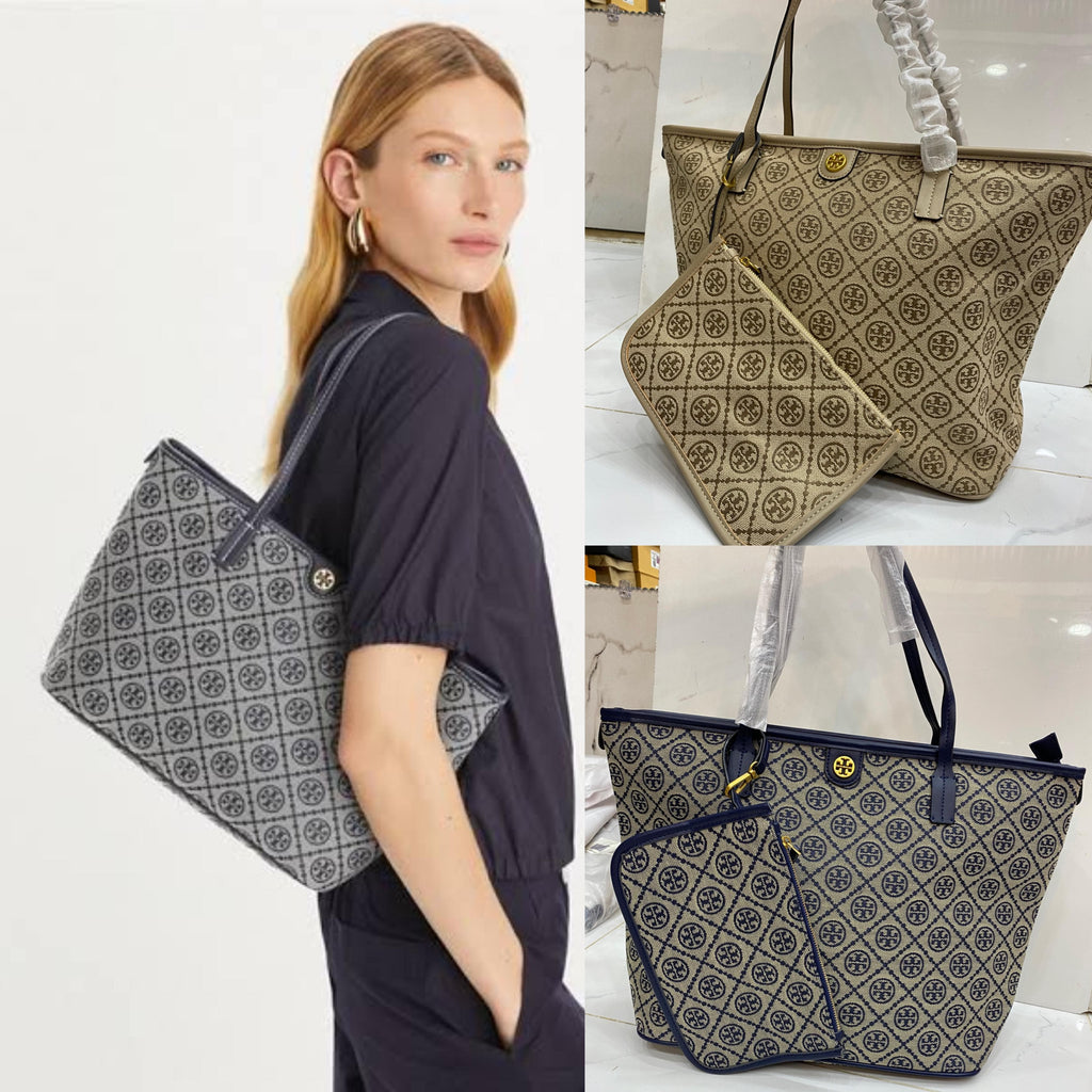 T Monogram Zip Tote Tory Navy - Stylish & Luxury Designer Tote Bag