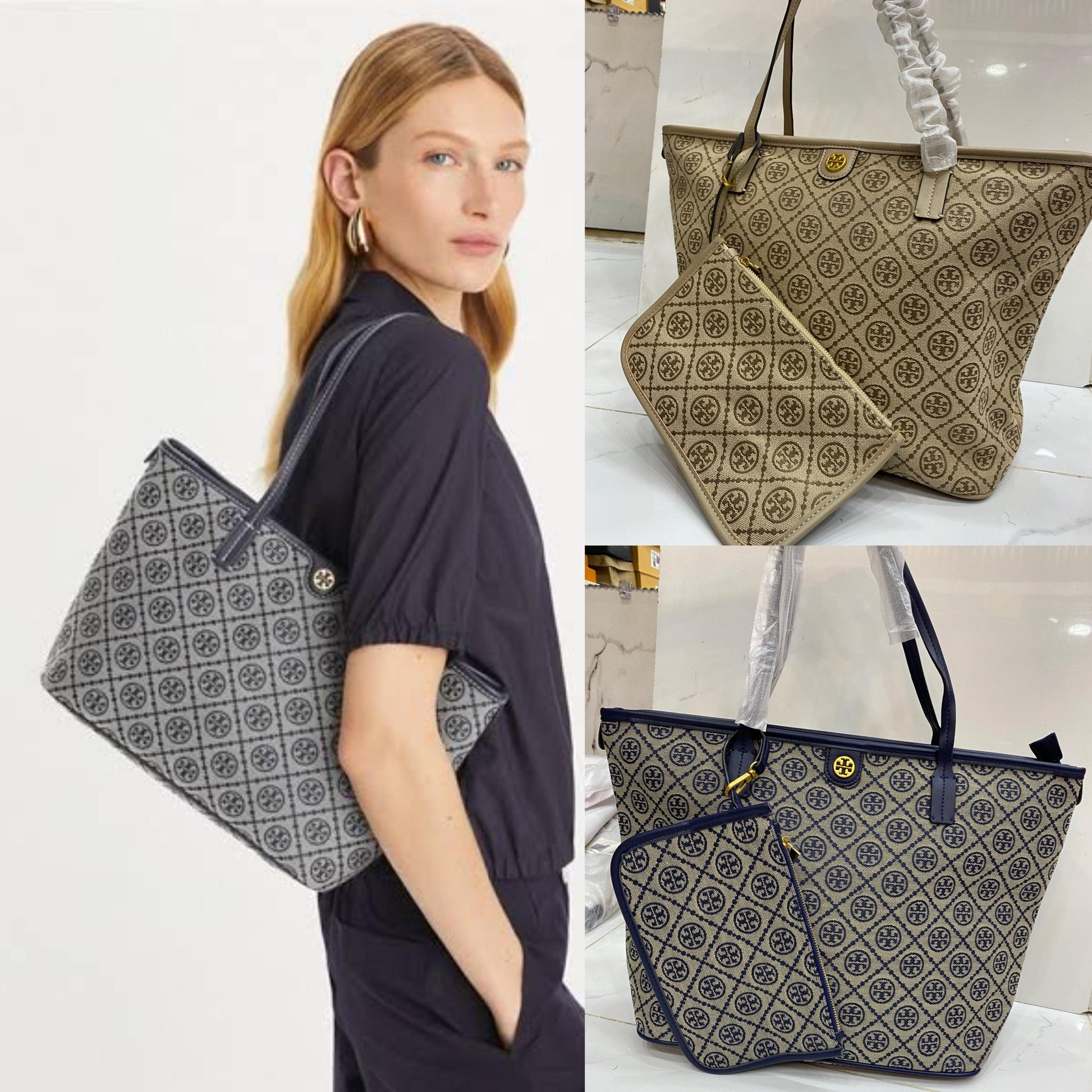 T Monogram Zip Tote Tory Navy - Stylish & Luxury Designer Tote Bag