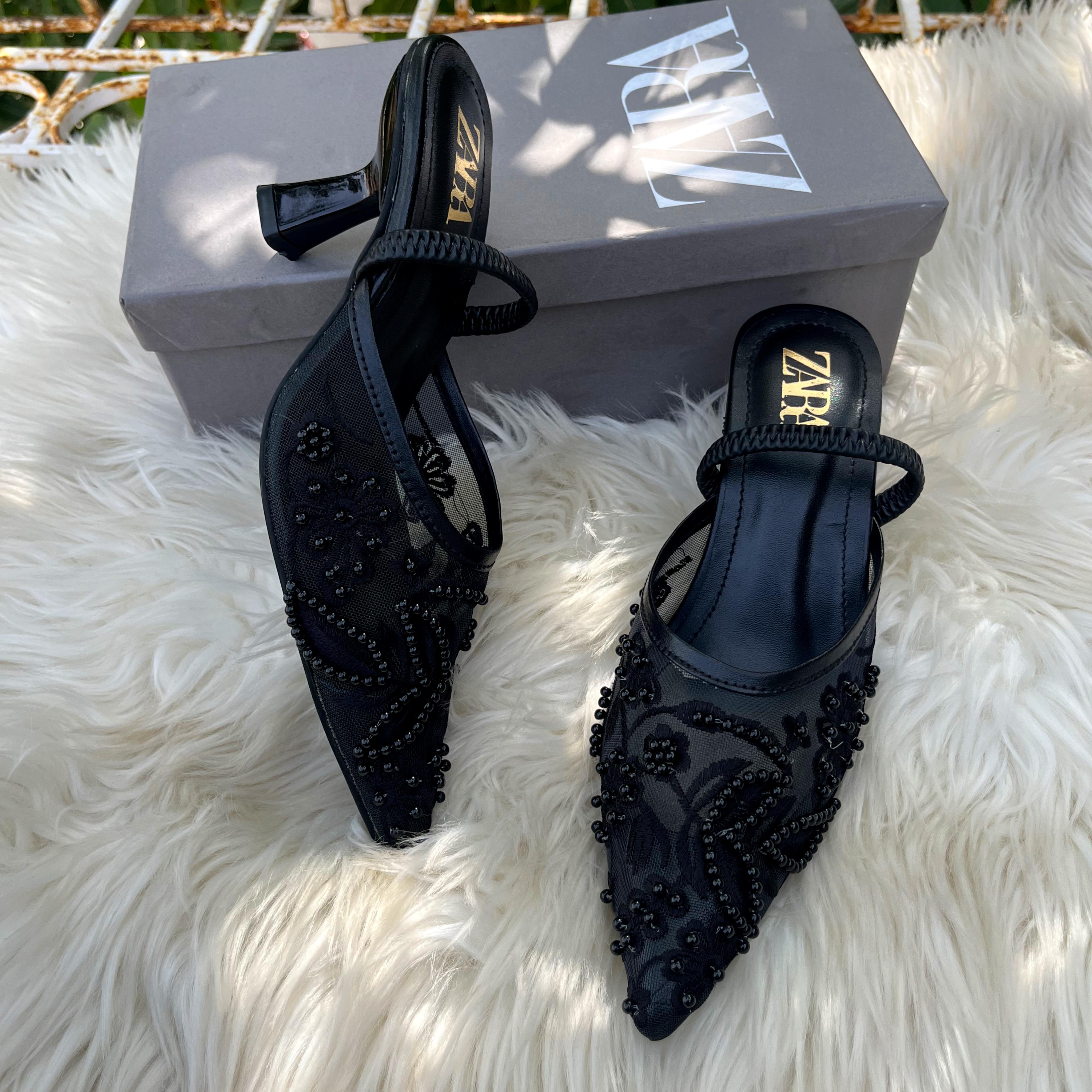 ZARA MESH FLORAL EMBROIDERED SLINGBACK HEEL