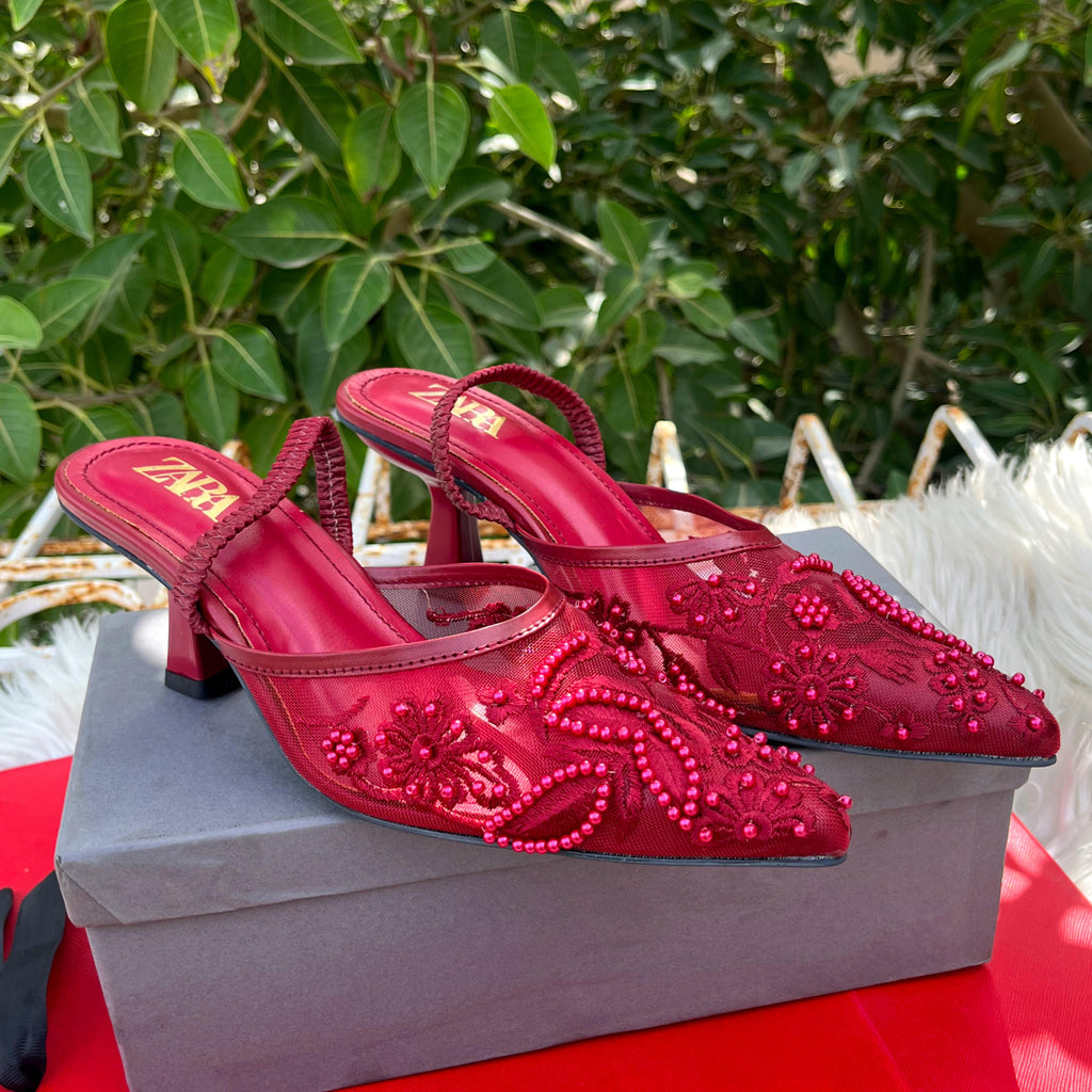 ZARA MESH FLORAL EMBROIDERED SLINGBACK HEEL